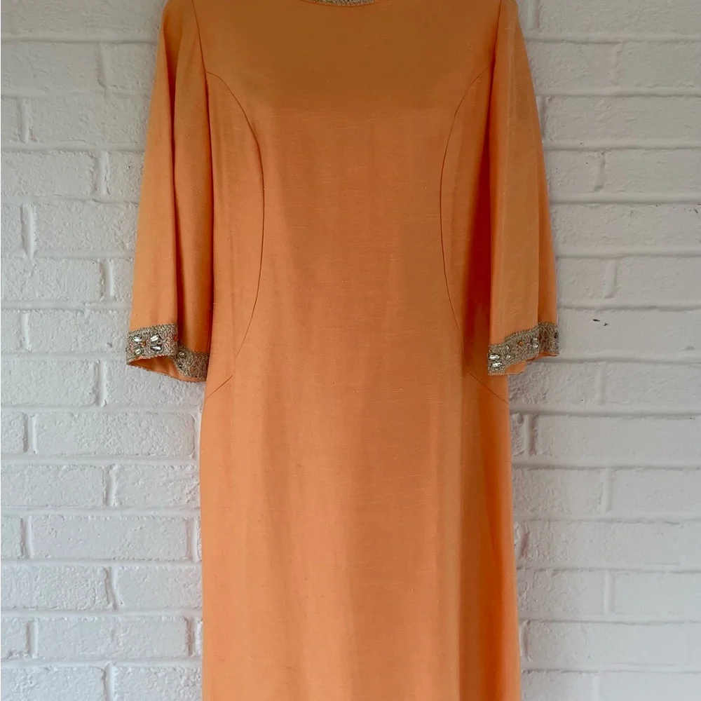 Bespoke Vintage Orange Shantung Silk Dress with Embellished Neckline - Picture 10 of 10
